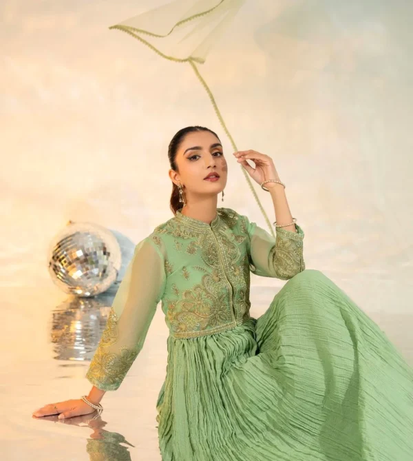 Green Anarkali Dress | Embroidered - Image 5